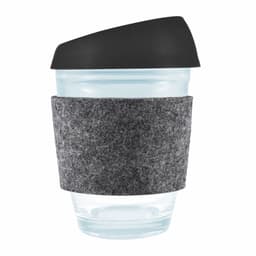 A reusable coffee cup featuring a clear design, a black silicone lid, and a gray RPET band for grip.