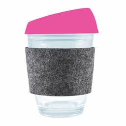 A reusable coffee cup featuring a clear body, a vibrant pink silicone lid, and a grey RPET band for grip.