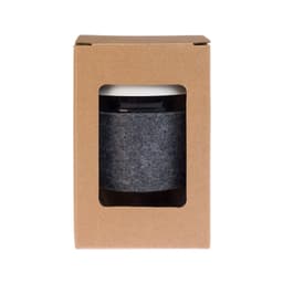A reusable coffee cup with a silicone lid and an RPET band, presented in a cardboard box with a clear front window.
