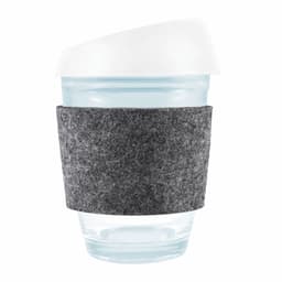A reusable coffee cup featuring a clear body, a white silicone lid, and a gray RPET band for grip.