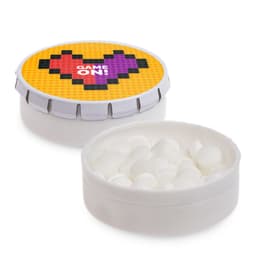 A white mint tin featuring a colorful lid with a heart design, filled with white mint candies.