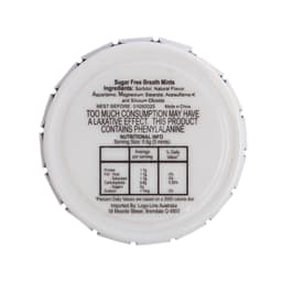 A mint tin with a white lid containing sugar-free breath mints. The bottom includes nutritional information and ingredients.