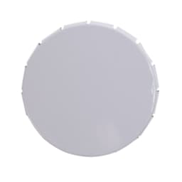 A round, white mint tin with a distinctively shaped lid. The surface is smooth and glossy, suitable for packaging mints.