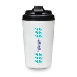 A reusable white coffee cup with a black lid, featuring a logo and turquoise design elements.
