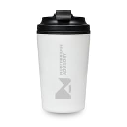 A reusable coffee cup in white with a black lid, featuring a logo on the front.