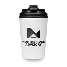 A reusable coffee cup in white with a black lid and branding on the front.