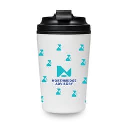 A reusable coffee cup in white with a black lid, featuring a logo and turquoise geometric patterns.