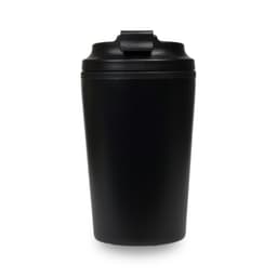A reusable coffee cup in matte black with a secure lid and a single logo. Ideal for hot beverages.