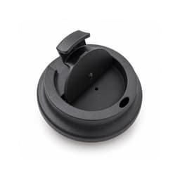 A black coffee cup lid designed for a reusable coffee cup, featuring a sliding opening.