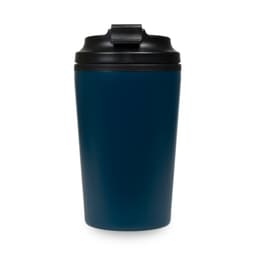A reusable coffee cup in a deep blue hue with a black lid and a logo on the side.