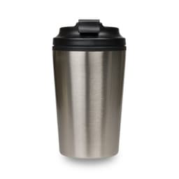 A stainless steel reusable coffee cup with a black lid. It features a sleek, matte finish and a simple design.