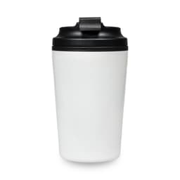 A reusable coffee cup in white with a black lid and a logo, designed for convenient beverage transport.
