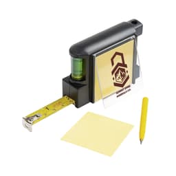 A black contractor tape measure with a yellow measuring tape, a level, a notepad, and a yellow pen. It has a logo.