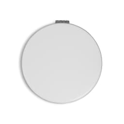 A compact mirror with a smooth white finish, featuring a simple metallic hinge and a circular shape.