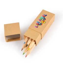 A pencil set in a brown cardboard box, featuring colored pencils in red, blue, green, and yellow. The box has a logo.