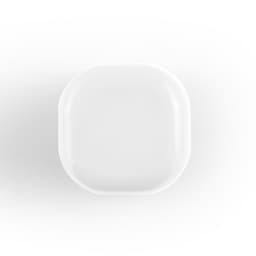A white cube-shaped lip balm container with rounded edges, featuring a smooth surface and a logo.