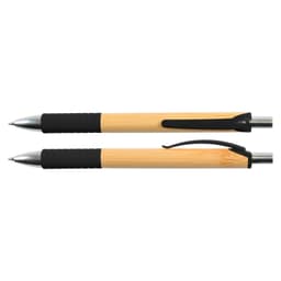 A bamboo pen featuring a silver clip and accents, with a textured black grip.