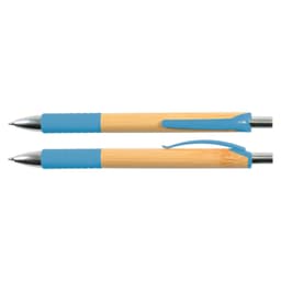 A bamboo pen with a blue grip and clip, featuring a shiny silver tip. Two pens are shown in the image.