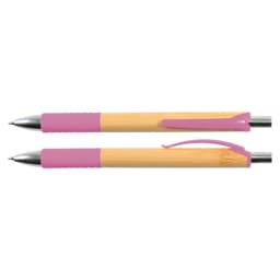 A bamboo pen with a pink grip and clip. The pen features a polished metal tip and is designed for writing.