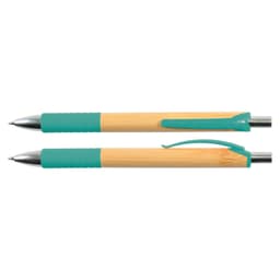 A bamboo pen featuring a teal grip and accents, with a sleek silver clip and tip.
