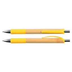 A bamboo pen set featuring a natural bamboo body and bright yellow accents, including a ribbed grip and click mechanism.