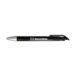 A black gel ink pen with a silver tip and a logo on the barrel.