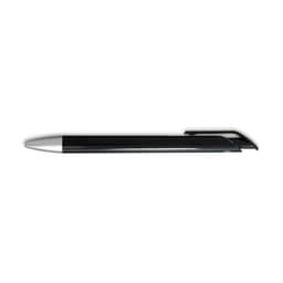 A black gel ink pen with a silver tip and clip, featuring a sleek, modern design and a logo on the body.