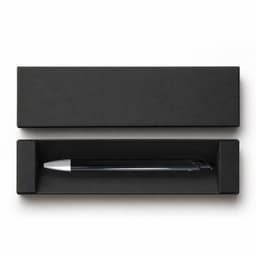 A sleek black gel ink pen resting in a black box. The pen features a silver tip and a streamlined design.