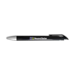 A gel ink pen in black with a silver tip, featuring a logo on the barrel.