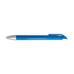 A blue gel ink pen with a silver tip and a sleek design, featuring a logo on its body.