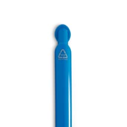 A blue gel ink pen with a rounded tip and a logo on the side, made from recycled materials.