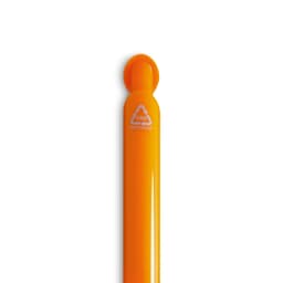 An orange gel ink pen with a smooth barrel and a logo indicating recycled material.