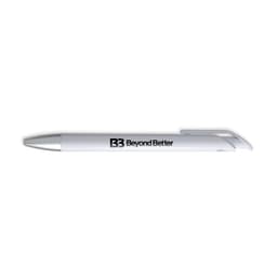A white gel ink pen with a sleek design and a branding logo on the side.