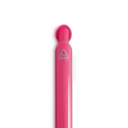 A bright pink gel ink pen with a smooth casing, featuring a logo.