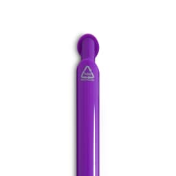 A purple gel ink pen with a rounded top and a logo, featuring a sleek, shiny design.