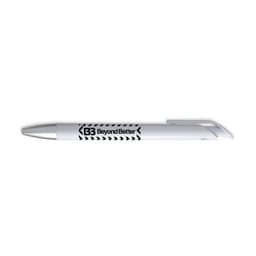 A white gel ink pen with a silver clip and a black logo on the barrel.