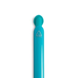A vibrant turquoise gel ink pen with a rounded top, featuring a logo and made from recycled materials.