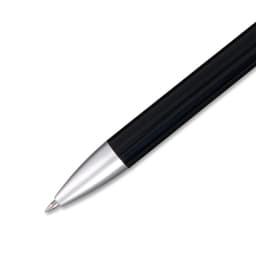 A black gel ink pen with a silver tip and a sleek design, featuring a branding logo.