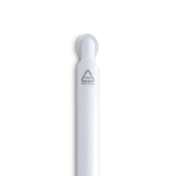 A white gel ink pen with a rounded end and a logo indicating it is made from recycled materials.