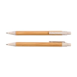 Two bamboo pens with natural bamboo bodies and light-colored plastic grips, featuring a branding logo.