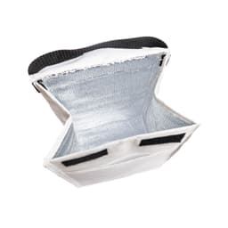 A white Sumo Cooler Lunch Bag interior with a silver insulated lining and black strap, featuring a logo.