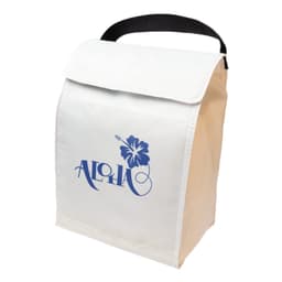 A white cooler lunch bag with a black handle and a blue floral design. It features a logo.