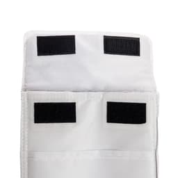 A white cooler lunch bag featuring a hook-and-loop closure at the top and a spacious compartment for food storage.