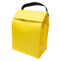 A yellow cooler lunch bag with a black handle and a flapped top.