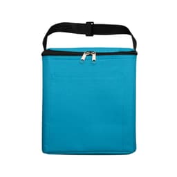 A cooler bag in bright blue with a zipper closure and a black adjustable strap. It features a front pocket.