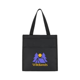 A black cooler bag featuring a logo with trees and a tent design. The bag has two sturdy handles.