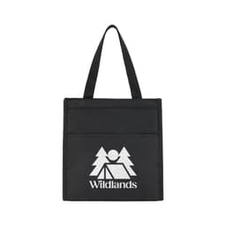 A black cooler bag featuring a logo and a front pocket, designed for transporting food and drinks.