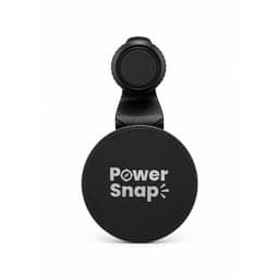A black circular car phone holder with a textured strap and a branding logo.