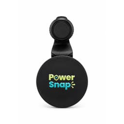A black car phone holder with a round shape and a branding logo on the front.