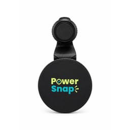 A black car phone holder with a round design and a branding logo in blue and green text.